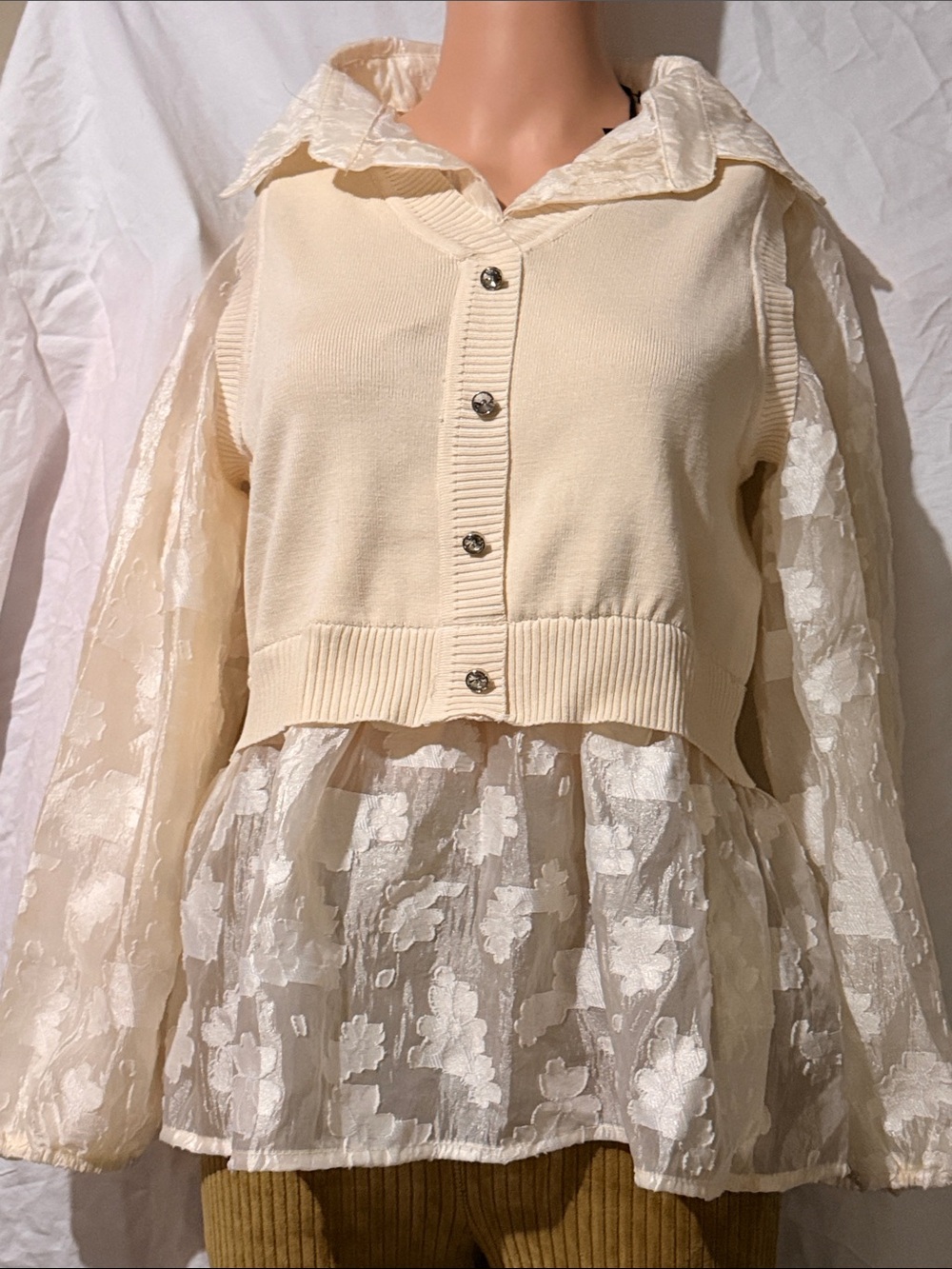 Alice Blue Cream Floral Jacquard Layered Cardigan Top - Size L